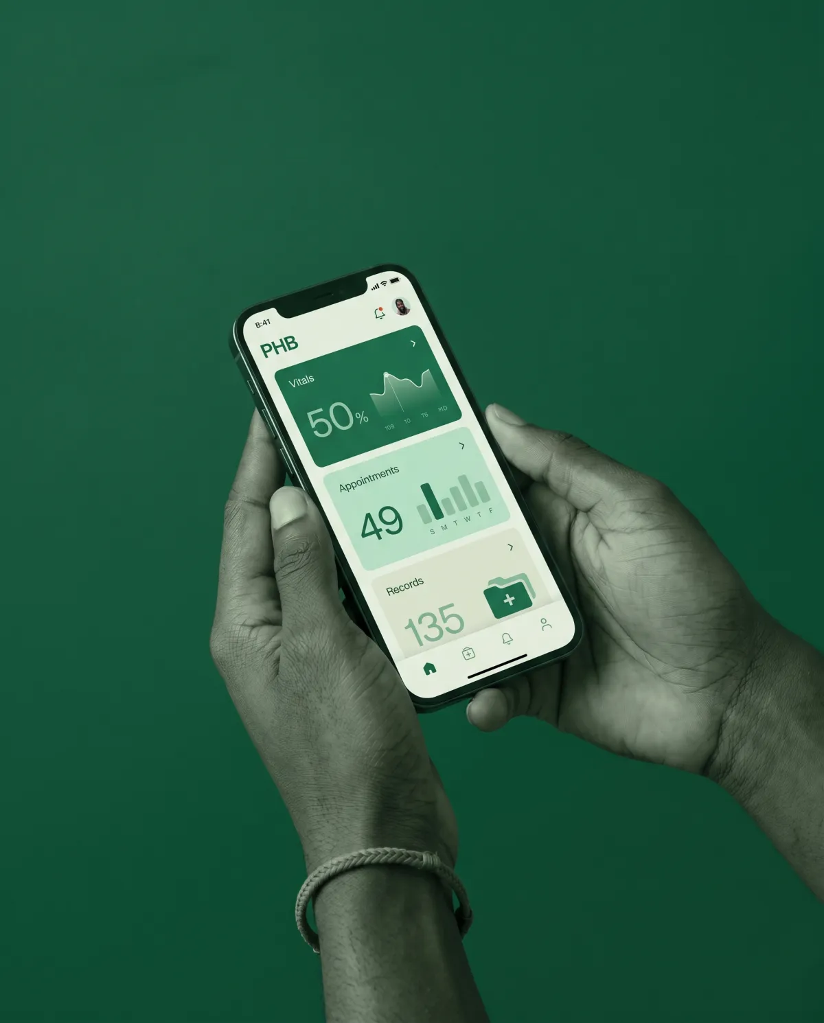 The PHB app showing vitals, appointments and records on a phone